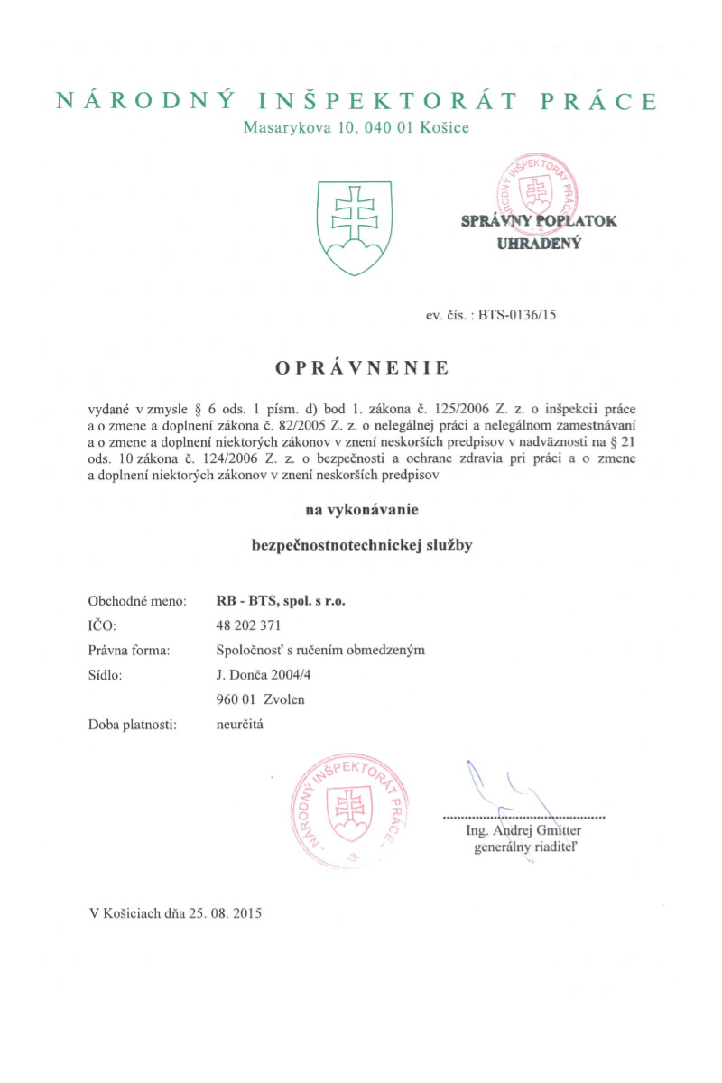 Osvedčenie bezpečnostnotechnickej služby | rb-bts.sk