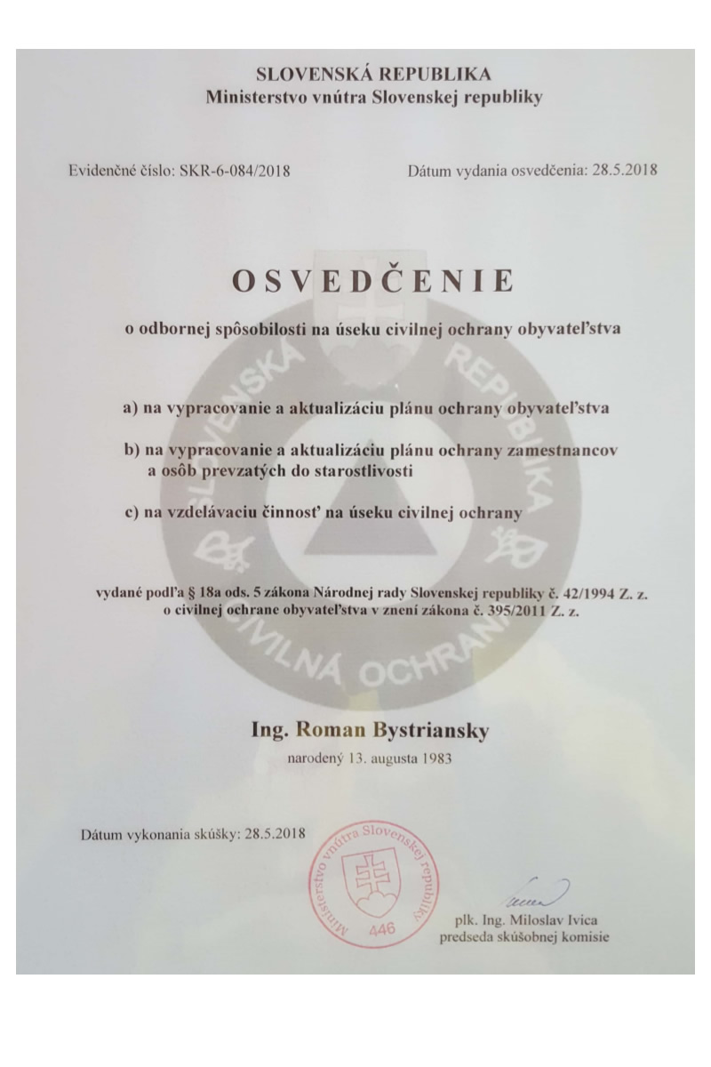 Osvedčenie o odbornej spôsobilosti civilnej ochrany obyvateľstva | rb-bts.sk