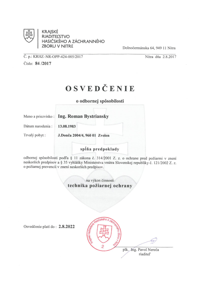 Osvedčenie technika požiarnej ochrany | rb-bts.sk